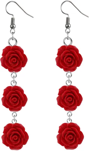 Red Rose Flower Earrings Ring Vintage Enamel Painting Dangle Earrings for Women Jewelry
