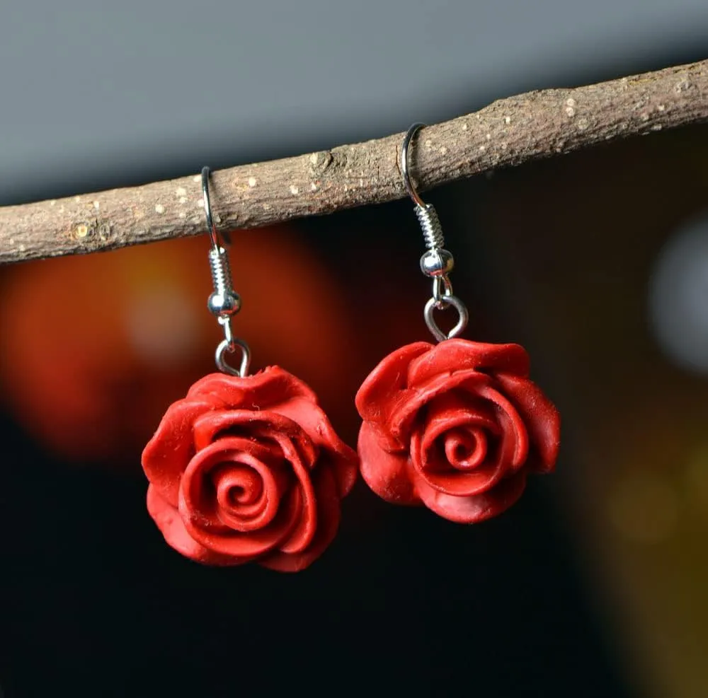 Red Rose Flower Earrings Ring Vintage Enamel Painting Dangle Earrings for Women Jewelry