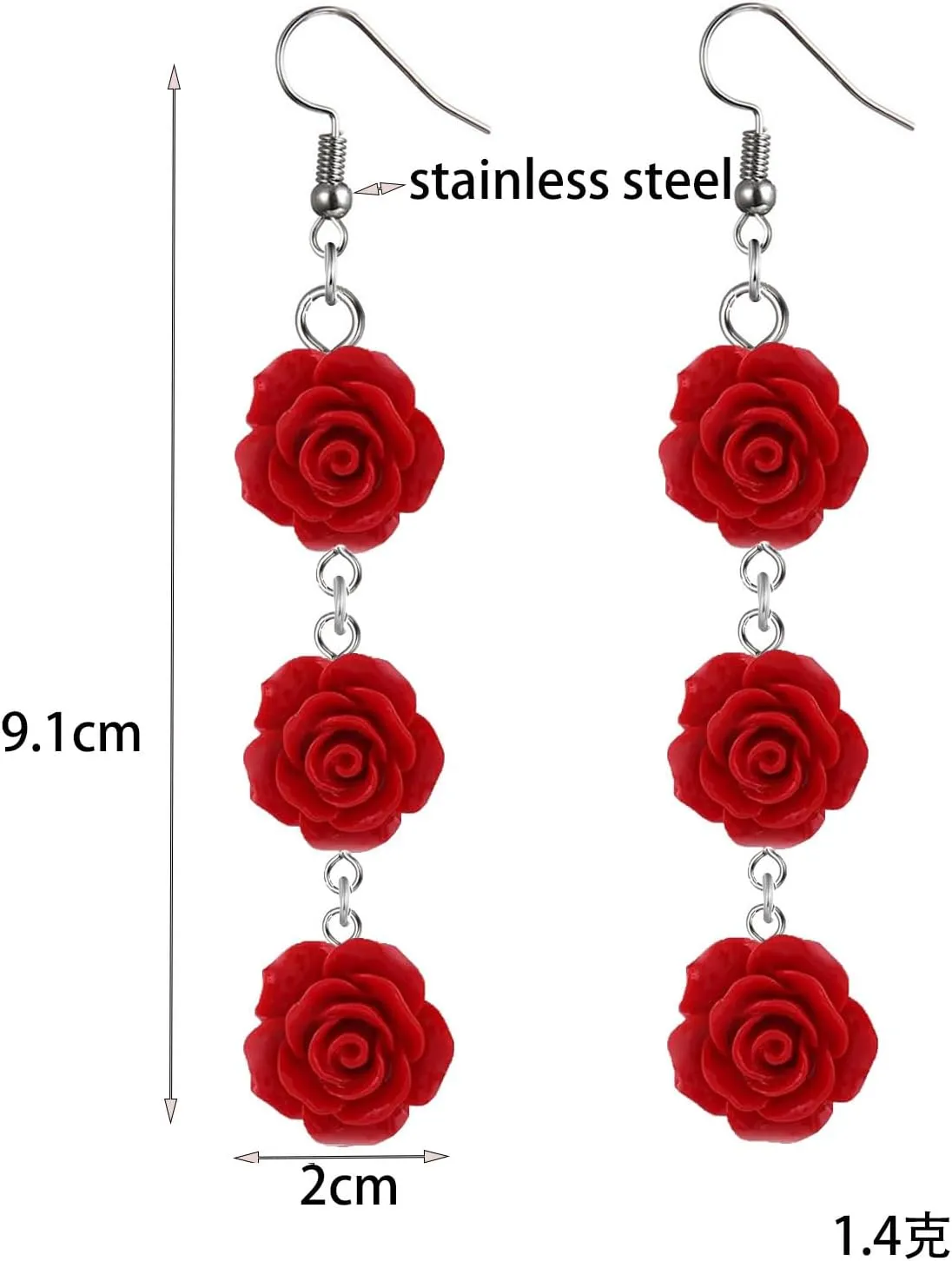 Red Rose Flower Earrings Ring Vintage Enamel Painting Dangle Earrings for Women Jewelry