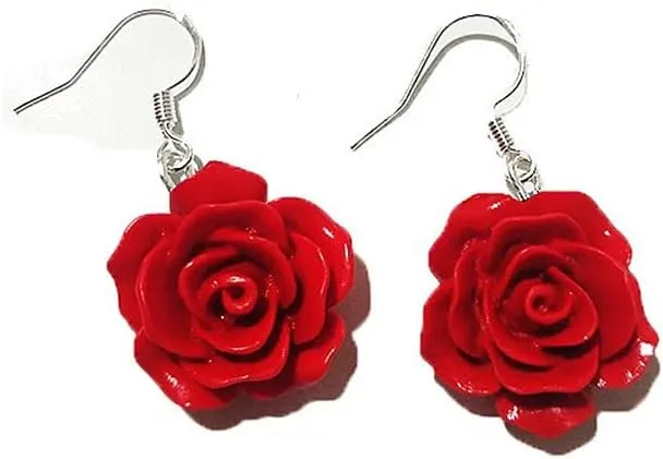 Red Rose Flower Earrings Ring Vintage Enamel Painting Dangle Earrings for Women Jewelry
