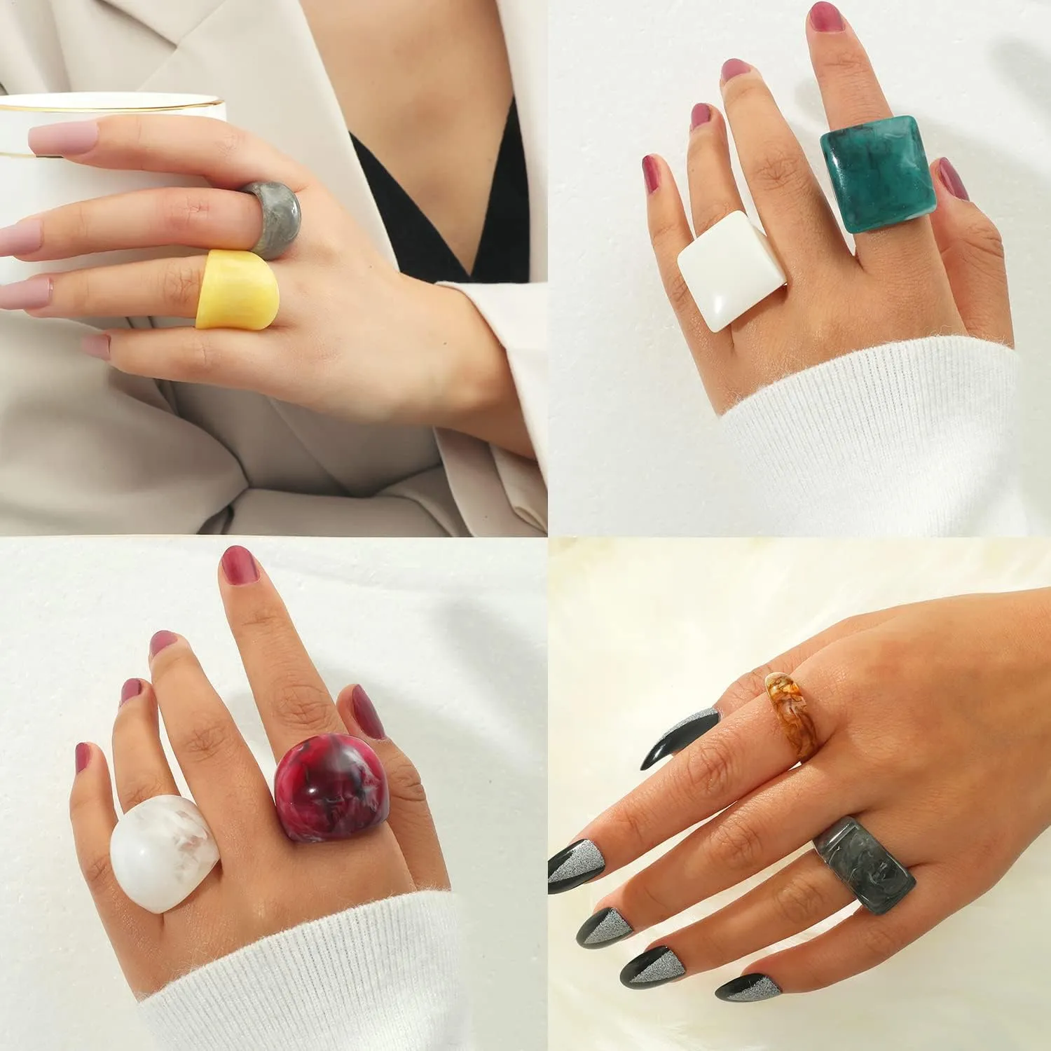 Resin Chunky Rings Acrylic Resin Rings Wide Thick Dome Knuckle Finger Stackable Joint Ring Retro Acrylic Transparent Vintage Plastic Resin Ring Sets