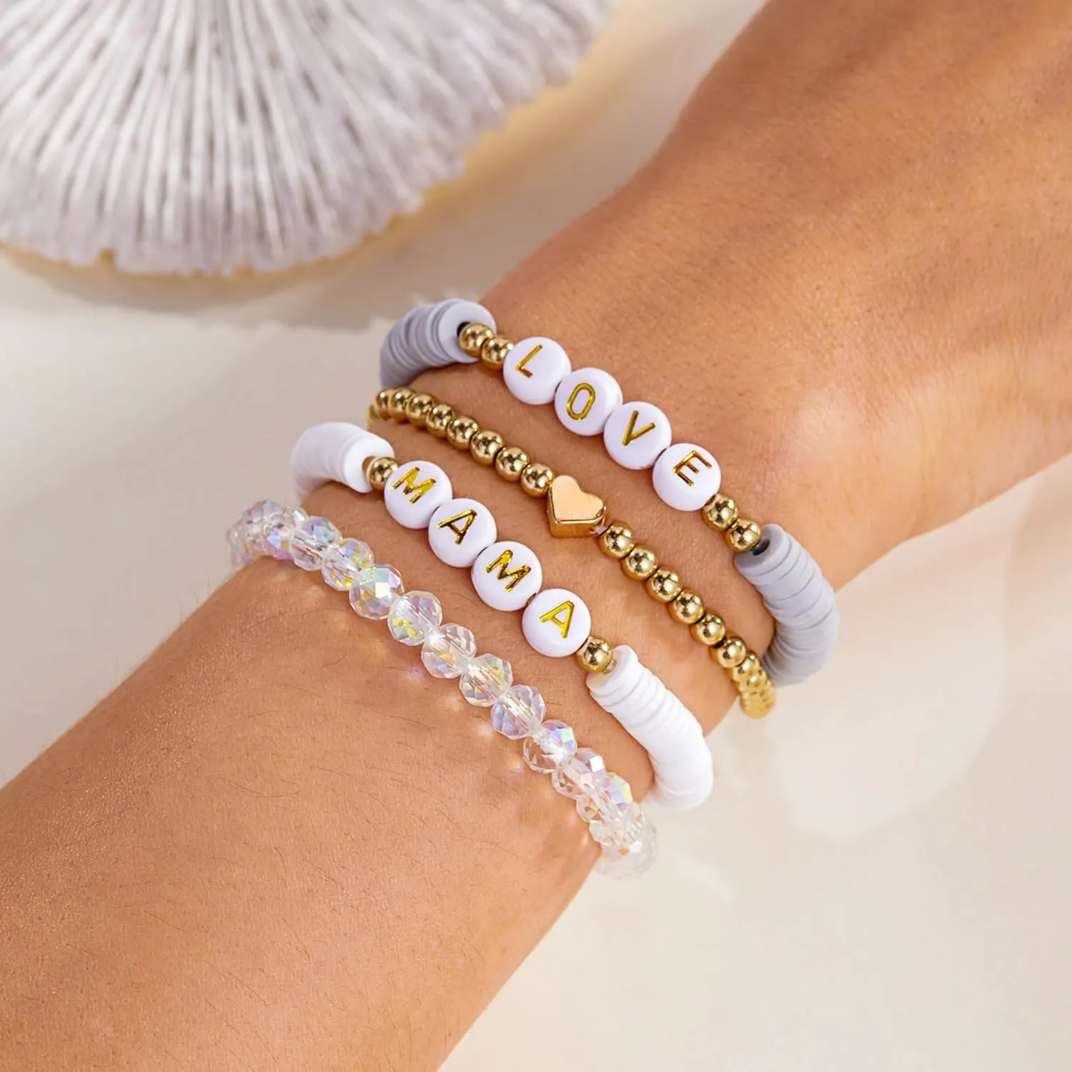 RINHOO FRIENDSHIP Clay Bead Bracelets Set for Women Bohemian MAMA Stackable Gold Beaded Polymer Clay Colorful Stretch Elastic Layering Bracelets Summer Beach Jewelry Set