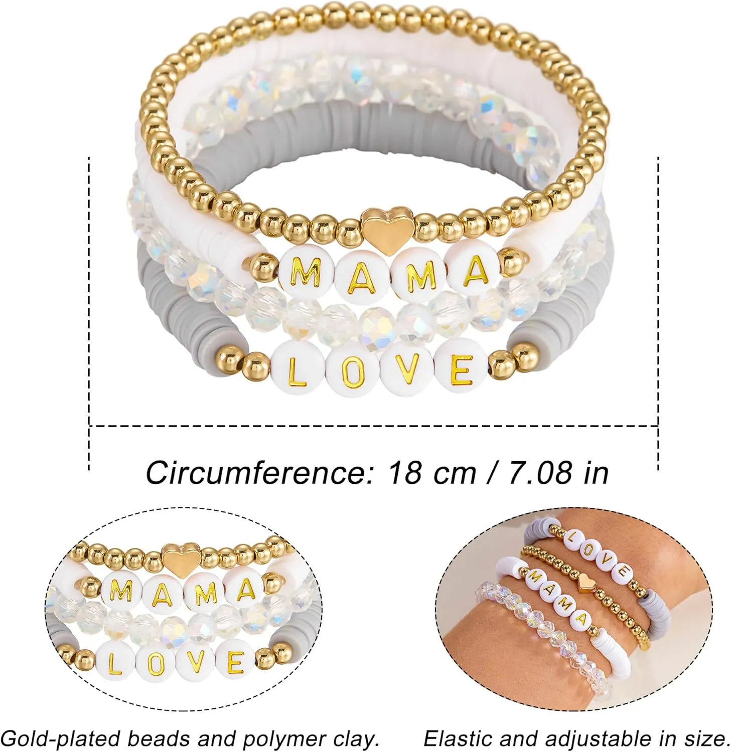 RINHOO FRIENDSHIP Clay Bead Bracelets Set for Women Bohemian MAMA Stackable Gold Beaded Polymer Clay Colorful Stretch Elastic Layering Bracelets Summer Beach Jewelry Set
