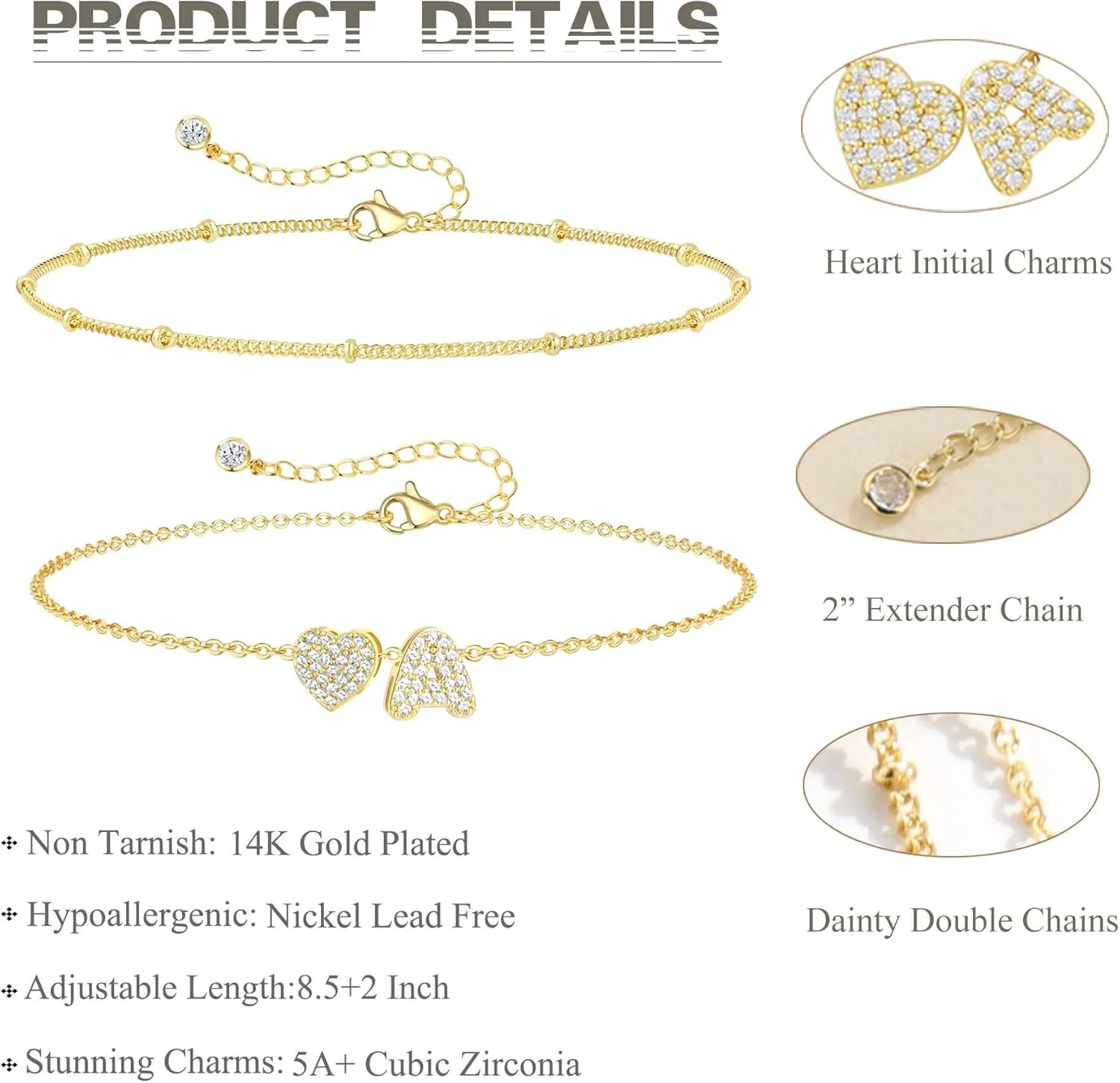 RLMOON Gold Anklet Initial Ankle Bracelets for Women 14K Gold Plated Dainty Layered CZ Letter A-Z Heart Charm Anklets Handmade Beach Foot Jewelry