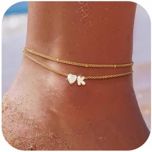 RLMOON Gold Anklet Initial Ankle Bracelets for Women 14K Gold Plated Dainty Layered CZ Letter A-Z Heart Charm Anklets Handmade Beach Foot Jewelry