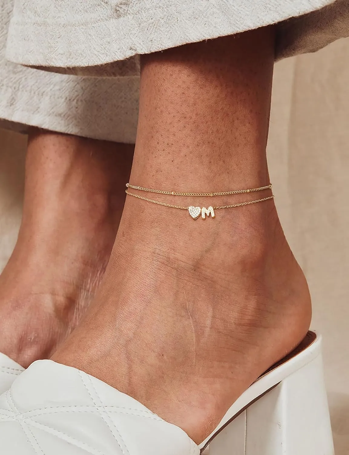 RLMOON Gold Anklet Initial Ankle Bracelets for Women 14K Gold Plated Dainty Layered CZ Letter A-Z Heart Charm Anklets Handmade Beach Foot Jewelry