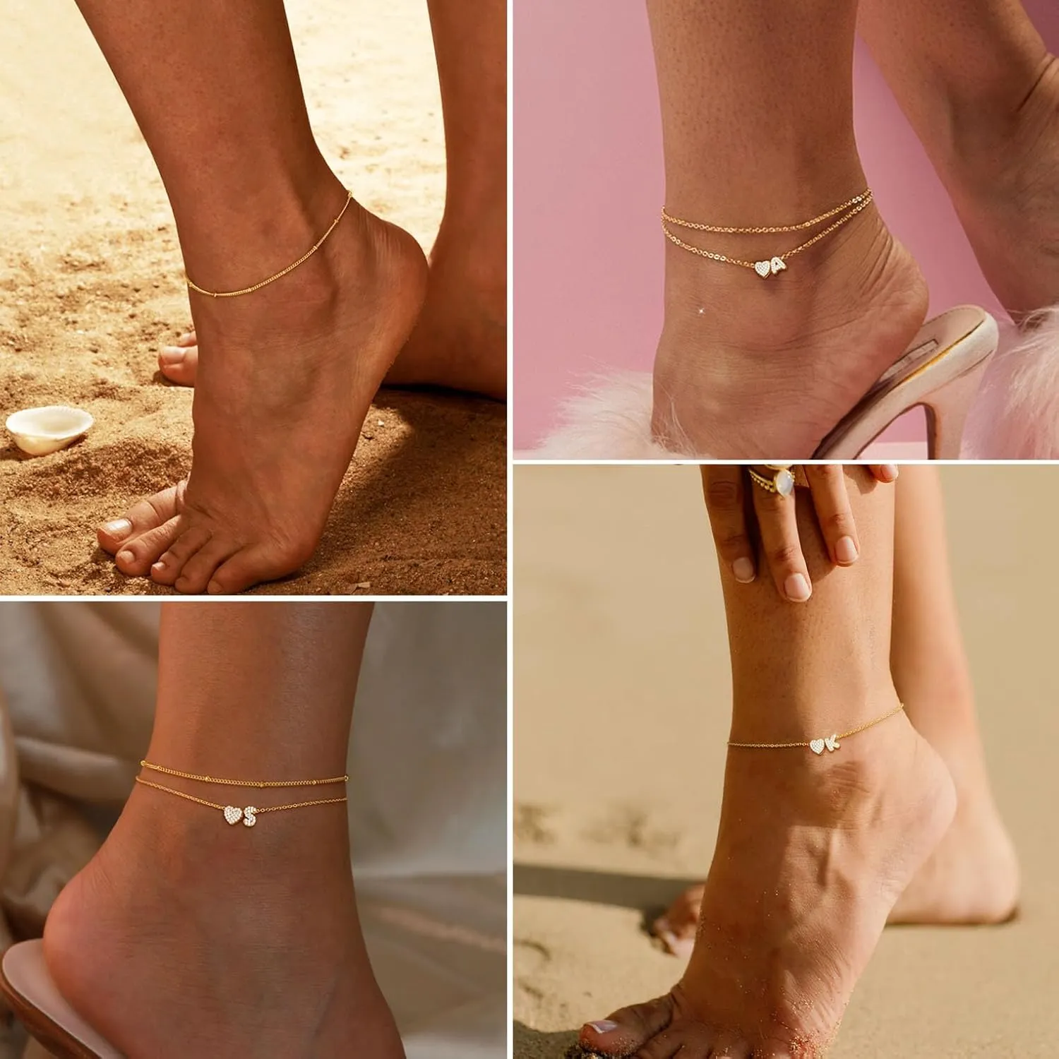 RLMOON Gold Anklet Initial Ankle Bracelets for Women 14K Gold Plated Dainty Layered CZ Letter A-Z Heart Charm Anklets Handmade Beach Foot Jewelry