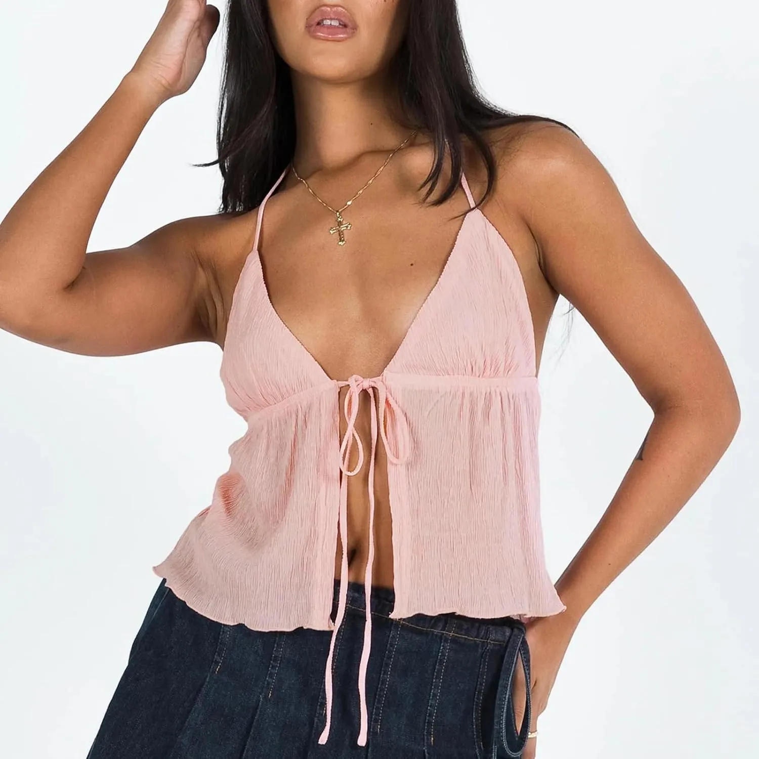 RUEWEY Women Y2K Backless Crop Top Vintage Sexy Tie Up Halter Deep V Neck Spaghetti Strap Cami Top Streetwear?