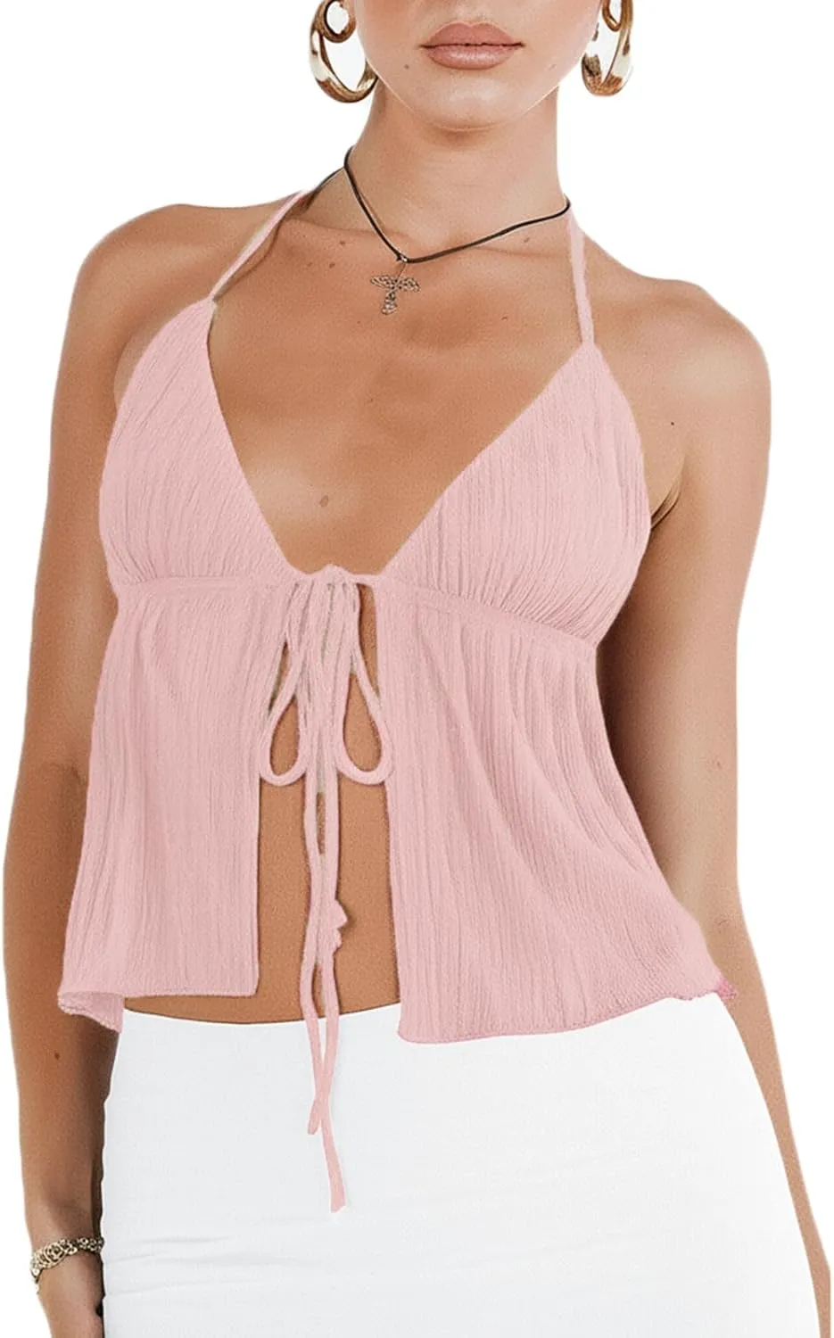 RUEWEY Women Y2K Backless Crop Top Vintage Sexy Tie Up Halter Deep V Neck Spaghetti Strap Cami Top Streetwear?