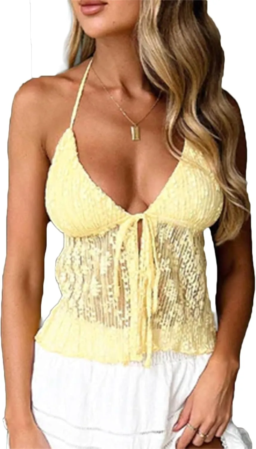 RUEWEY Women Y2K Lace Shirt Halter Neck Deep V Neck Crop Top Tie Front Sleeveless Strappy Cami Shirt Streetwear