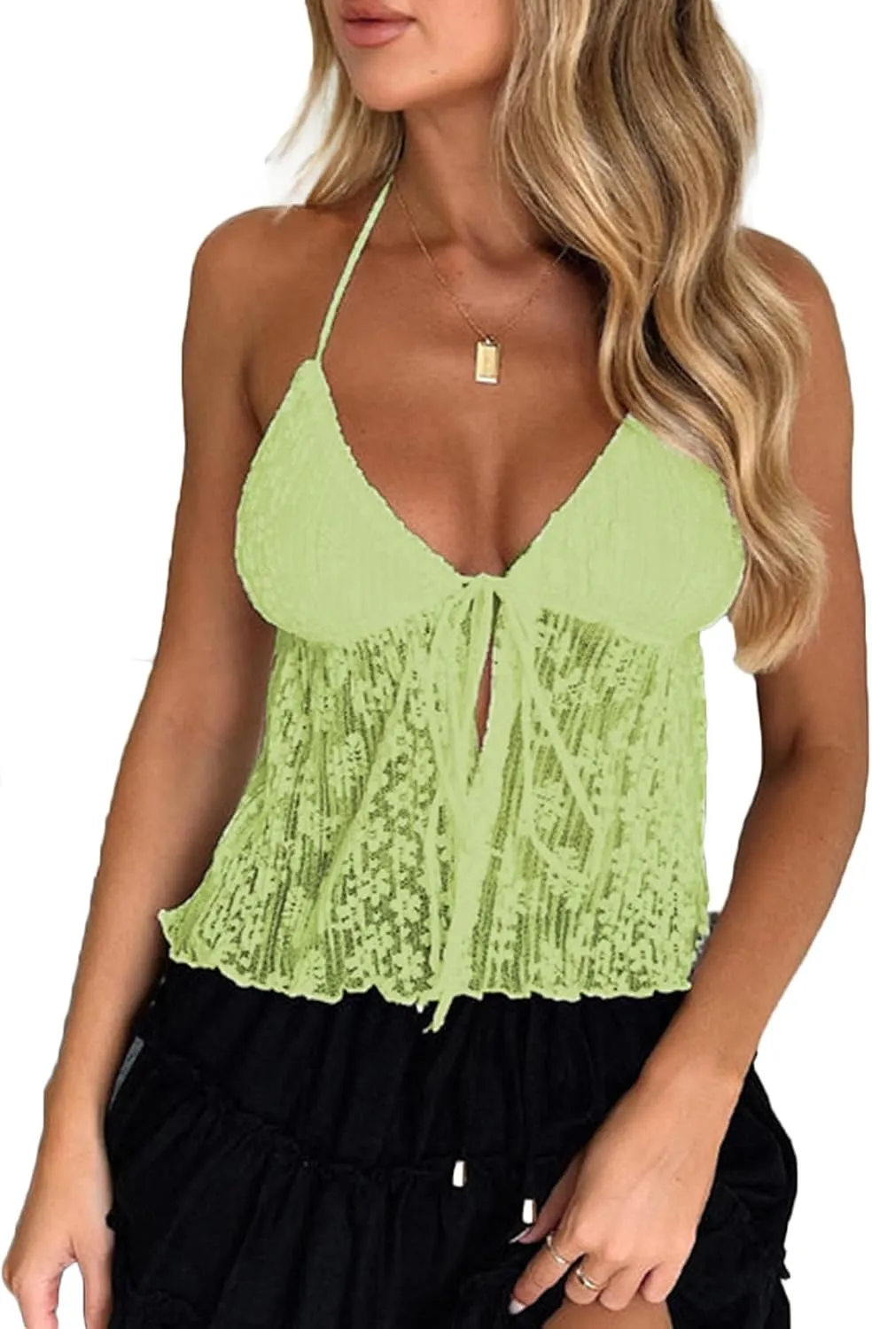 RUEWEY Women Y2K Lace Shirt Halter Neck Deep V Neck Crop Top Tie Front Sleeveless Strappy Cami Shirt Streetwear
