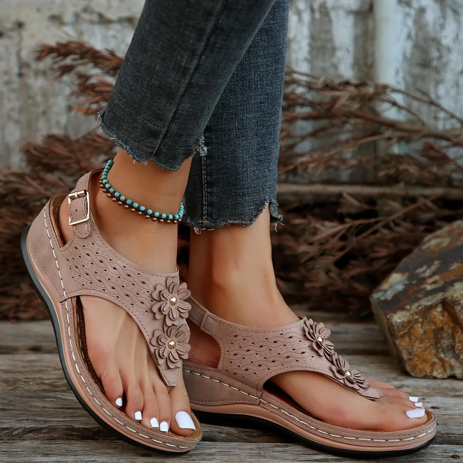 Sandals For Women Comfort Walking Width Casual Summer Slide Shoes Beach Flat Slip On Sandles Womens Orthopedic Shoes