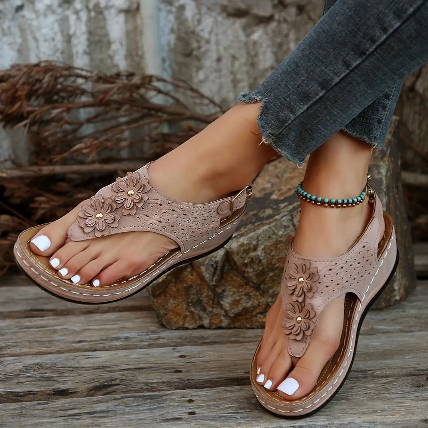 Sandals For Women Comfort Walking Width Casual Summer Slide Shoes Beach Flat Slip On Sandles Womens Orthopedic Shoes