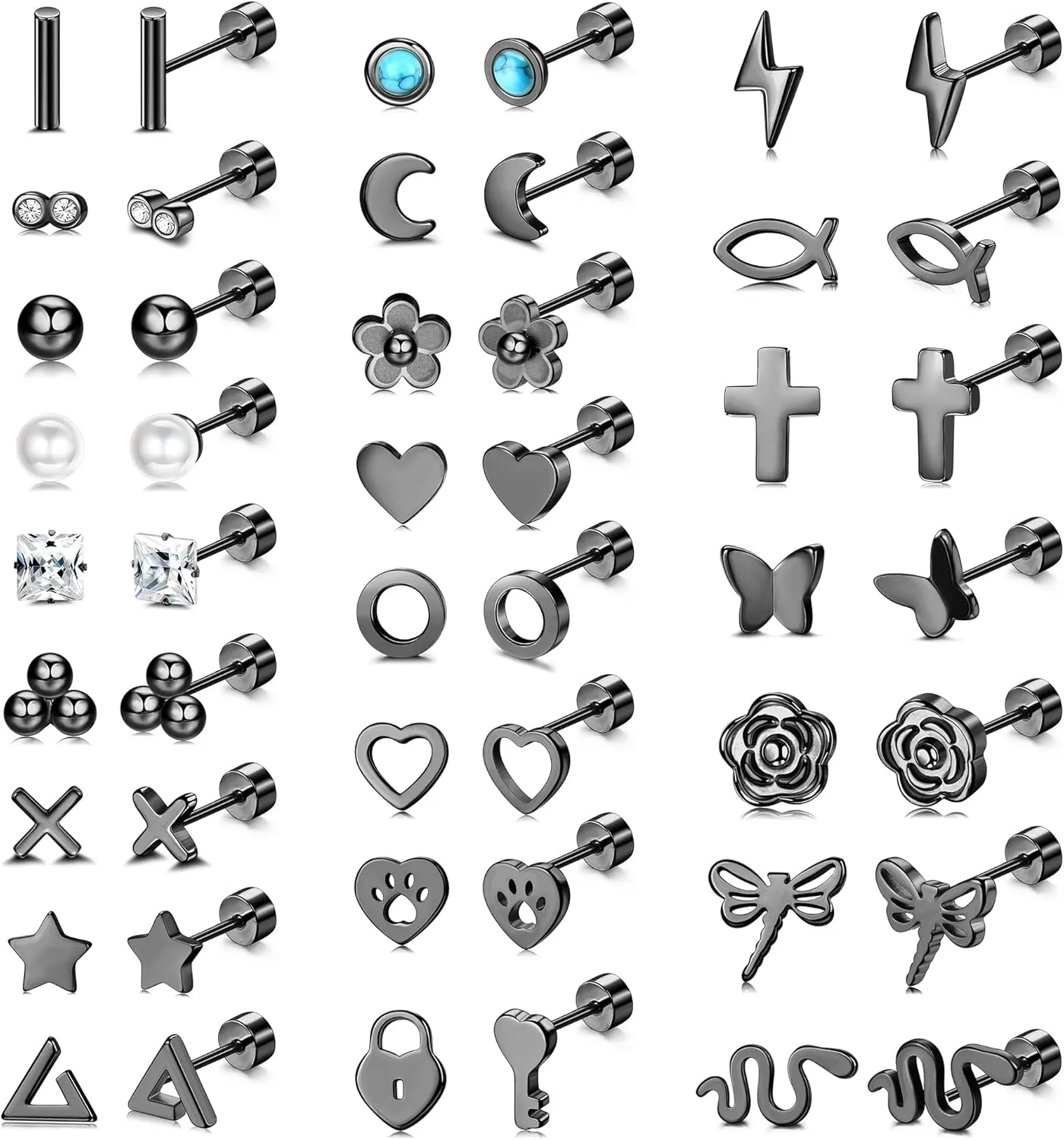 Sanfenly 24 Pairs Stainless Steel Stud Earrings Set for Women Men 20G Tiny Small Cartilage Helix Earrings Screw Back Earrings Hypoallergenic Flat Back Earrings Piercing Jewely
