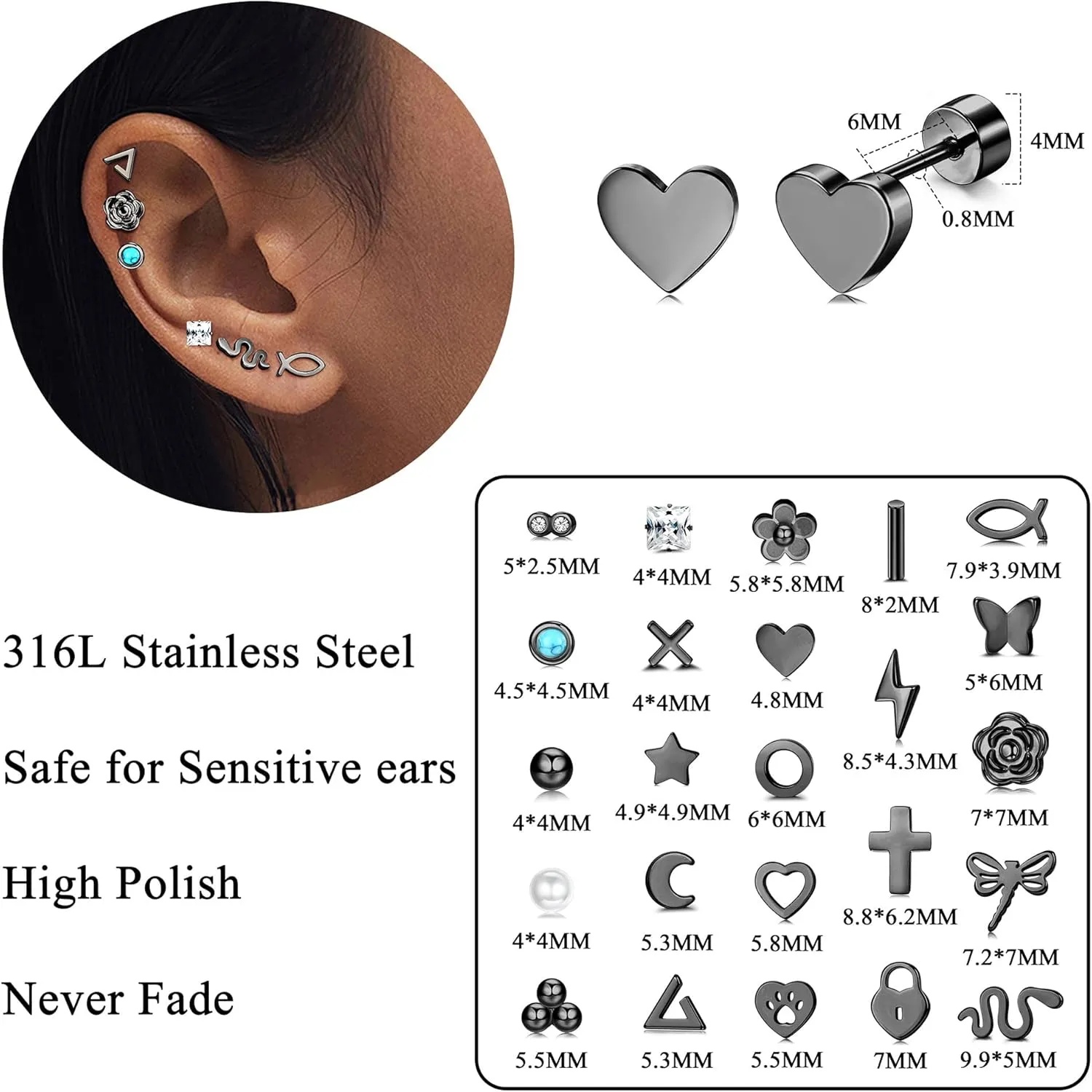Sanfenly 24 Pairs Stainless Steel Stud Earrings Set for Women Men 20G Tiny Small Cartilage Helix Earrings Screw Back Earrings Hypoallergenic Flat Back Earrings Piercing Jewely