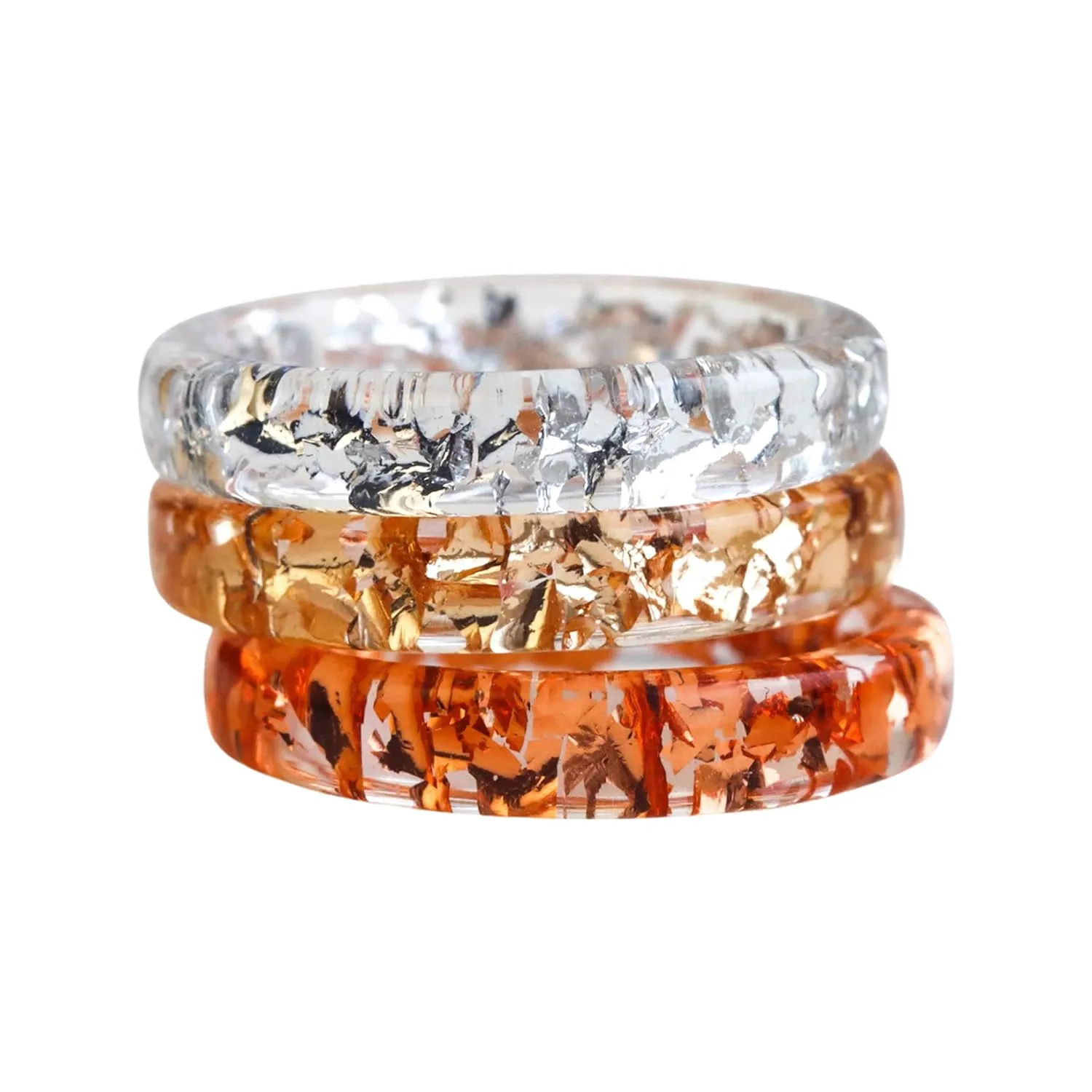 Set of Three Rings With Gold Silver Copper Flakes, Friendship Set, Thin Resin Rings