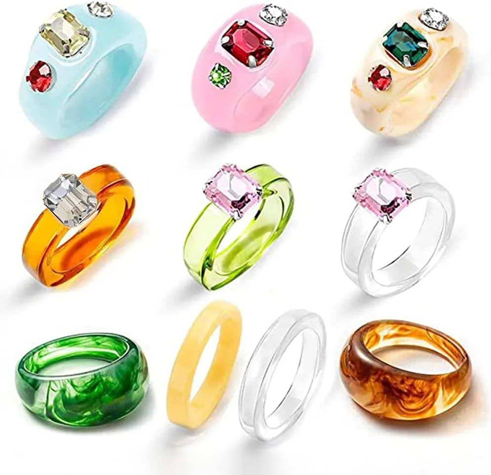 SEVENSTONE 9Pcs Resin Retro Acrylic Colorful Chunky Ring Cute Trendy Colorful Rhinestone Y2k Jewelry Plastic Resin Square Gem Stackable Chunky Rings for Women Set