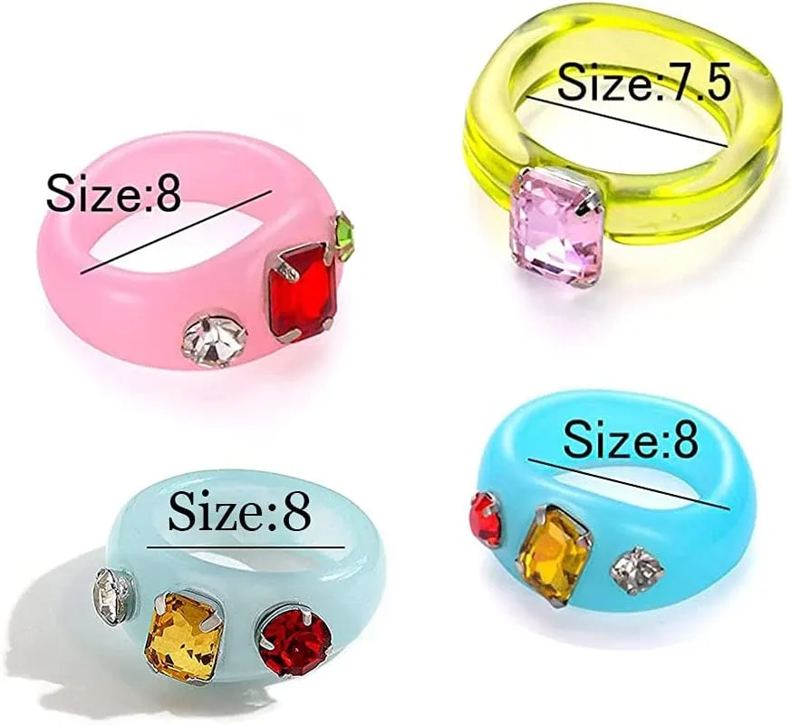 SEVENSTONE 9Pcs Resin Retro Acrylic Colorful Chunky Ring Cute Trendy Colorful Rhinestone Y2k Jewelry Plastic Resin Square Gem Stackable Chunky Rings for Women Set