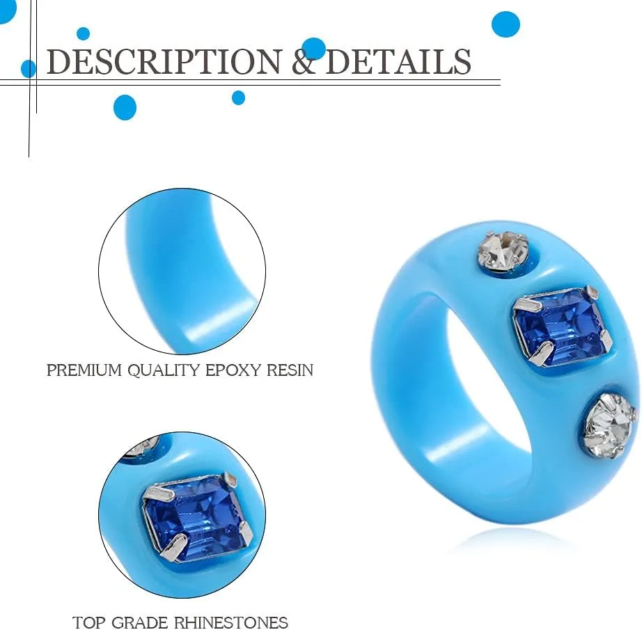 SEVENSTONE 9Pcs Resin Retro Acrylic Colorful Chunky Ring Cute Trendy Colorful Rhinestone Y2k Jewelry Plastic Resin Square Gem Stackable Chunky Rings for Women Set