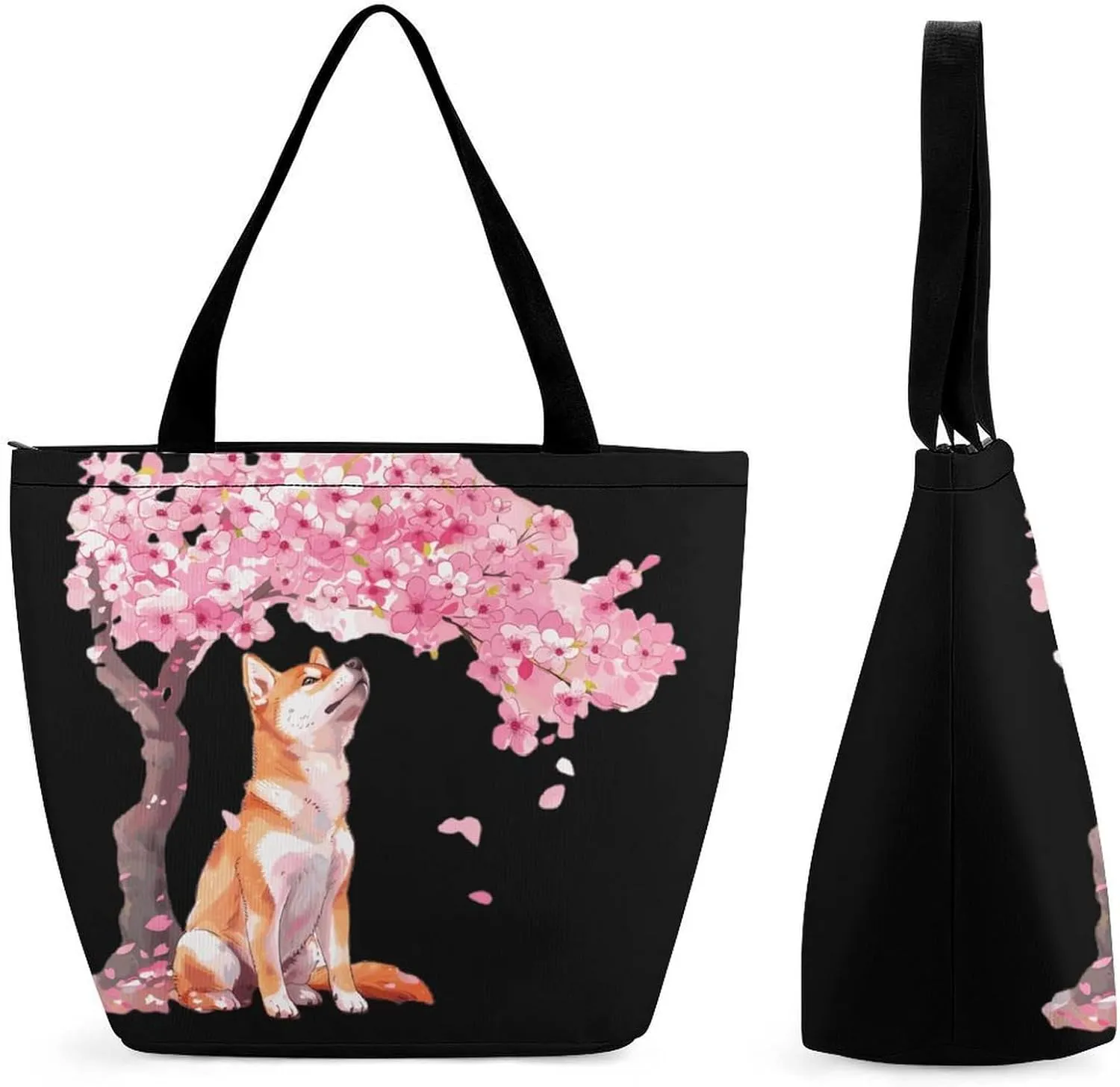 Shiba Inu Dog Under Cherry Tree Womens Tote Bag Purse with Zippered Shoulder Handbags For Work