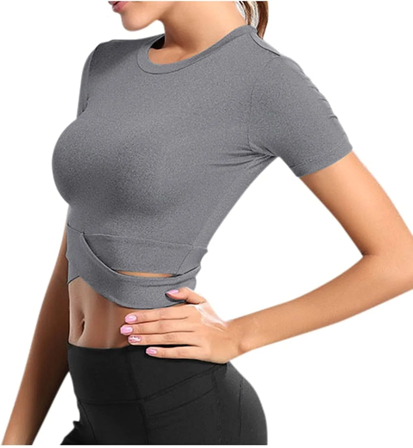 Short Sleeve Crop Tops for Women Tummy Cross Fitted Yoga Running Shirts Gym Workout Cropped Tank Tops