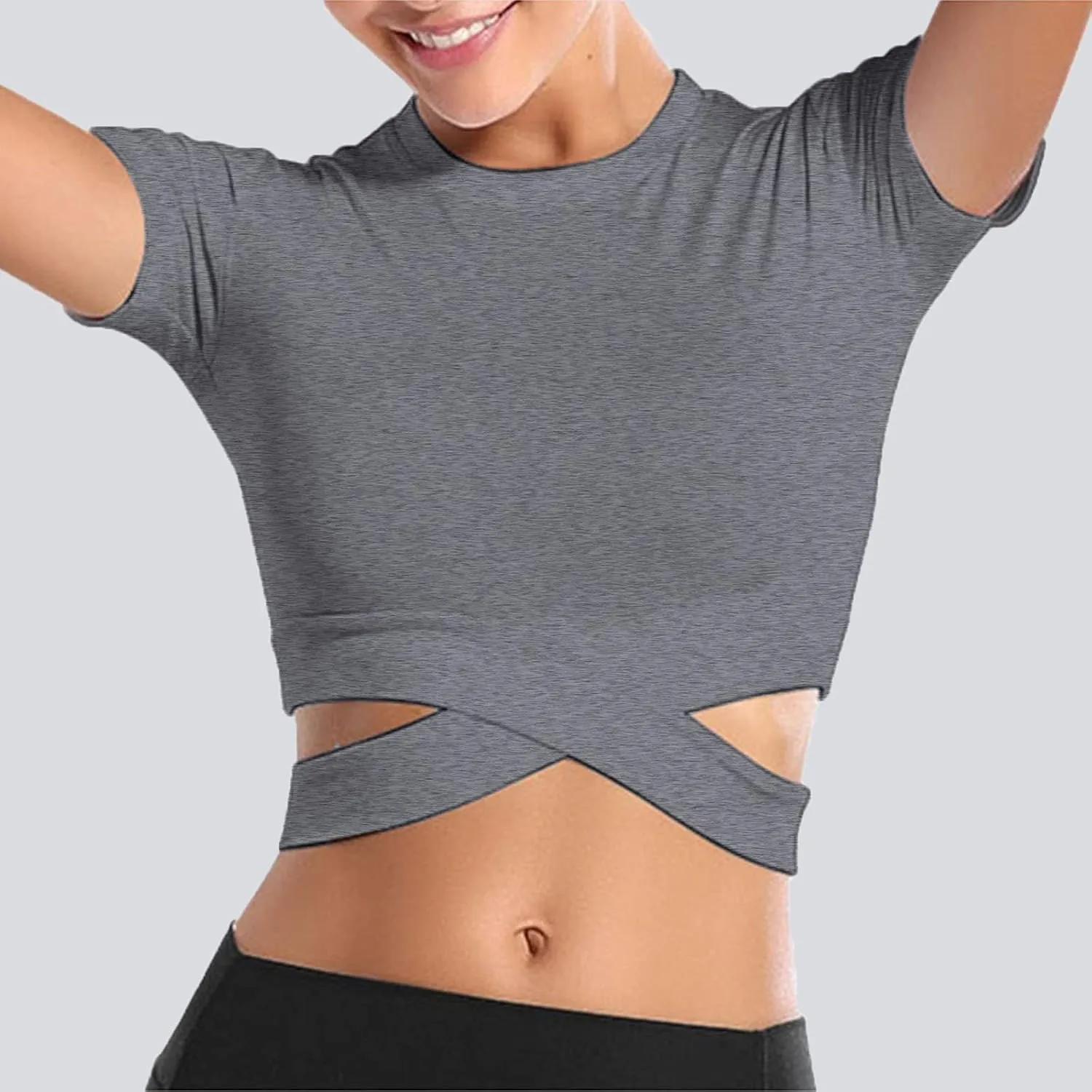 Short Sleeve Crop Tops for Women Tummy Cross Fitted Yoga Running Shirts Gym Workout Cropped Tank Tops