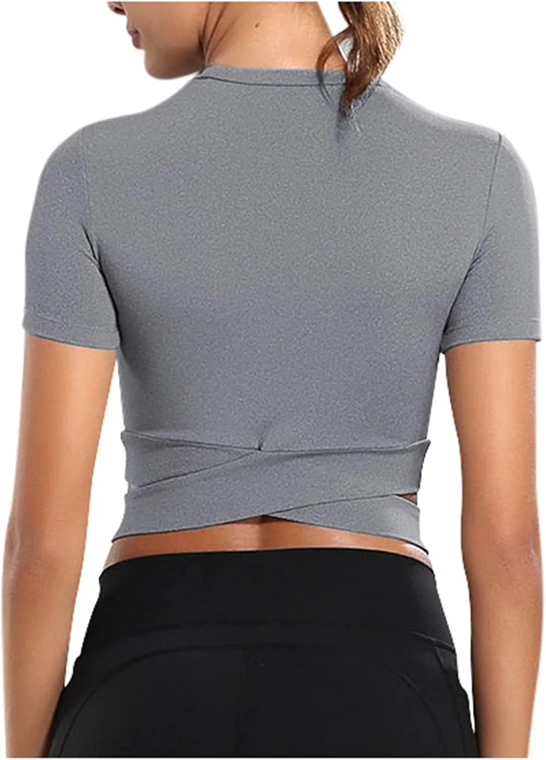 Short Sleeve Crop Tops for Women Tummy Cross Fitted Yoga Running Shirts Gym Workout Cropped Tank Tops