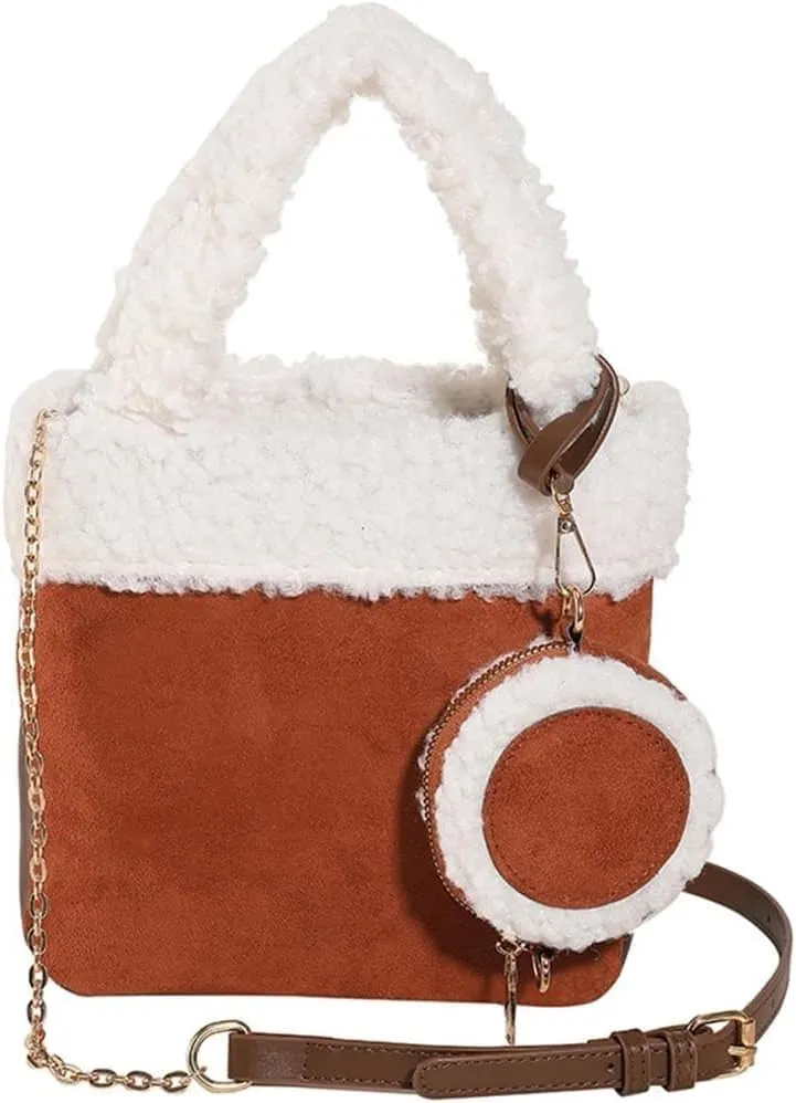 Shoulder for Women Suede Tote Soft Plush Handbag Fluffy Crossbody Vintage Messenger Lightweight Satchel Lamb Wool