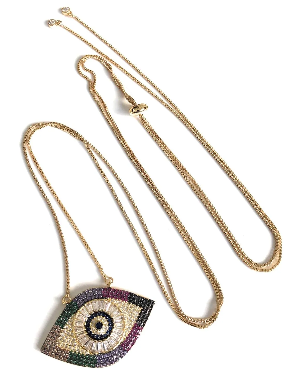 SIFRIMANIA Lariat Necklace Big Evil Eye Pendant Adjustable Versatile Chain up to 40 inches Length (Gold)