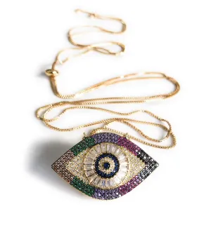SIFRIMANIA Lariat Necklace Big Evil Eye Pendant Adjustable Versatile Chain up to 40 inches Length (Gold)
