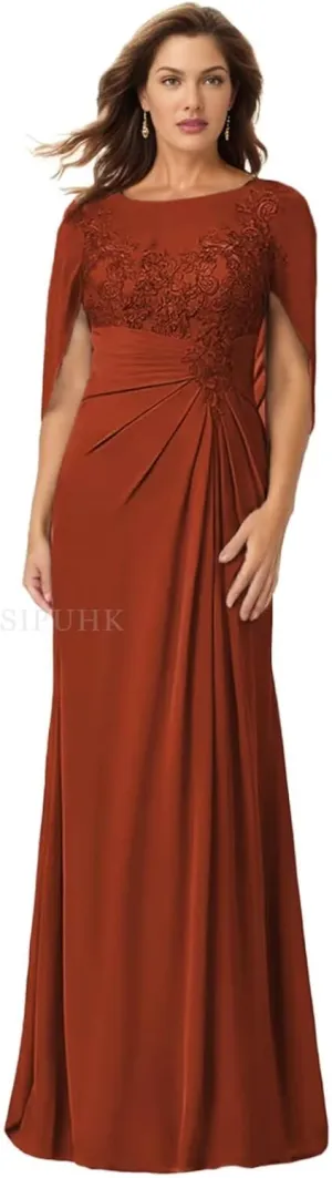 SIPUHK Lace Applique Mother of The Bride Dresses with Cape Pleated Chiffon Bat Sleeve Formal Gowns for Women Wedding Guest