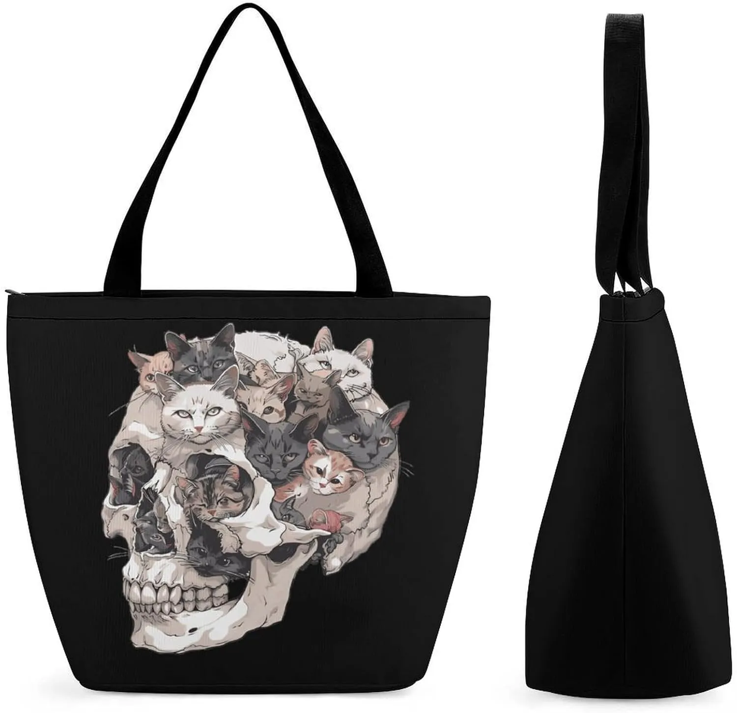 Skull Cats Womens Tote Bag Purse with Zippered Shoulder Handbags For Work