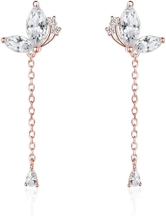 SLUYNZ 925 Sterling Silver CZ Butterfly Dangle Earrings Droplet Chain for Women Teen Girls Pretty Butterfly Drop Earrings Tassel