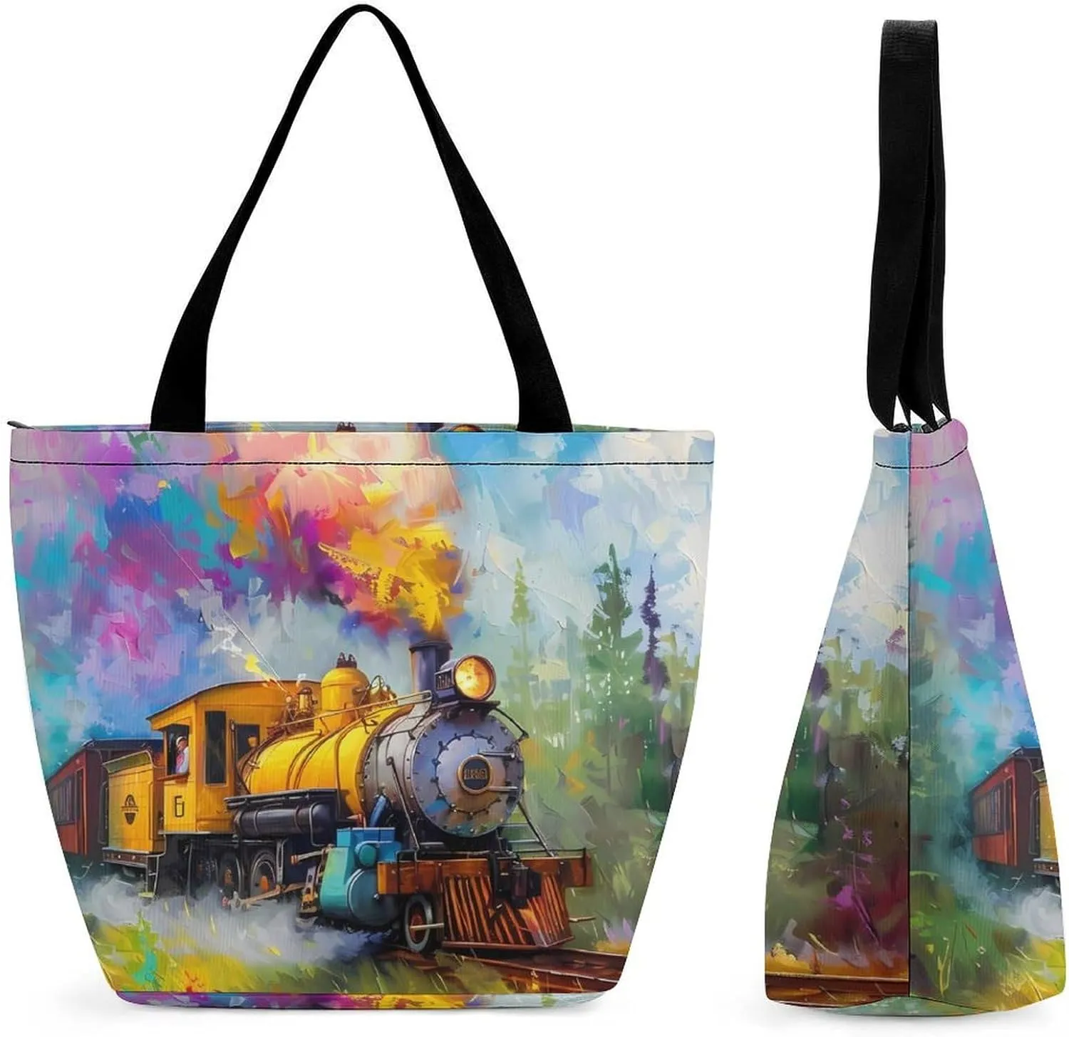 Smoke Steam Train Painting Womens Tote Bag Purse with Zippered Shoulder Handbags For Work