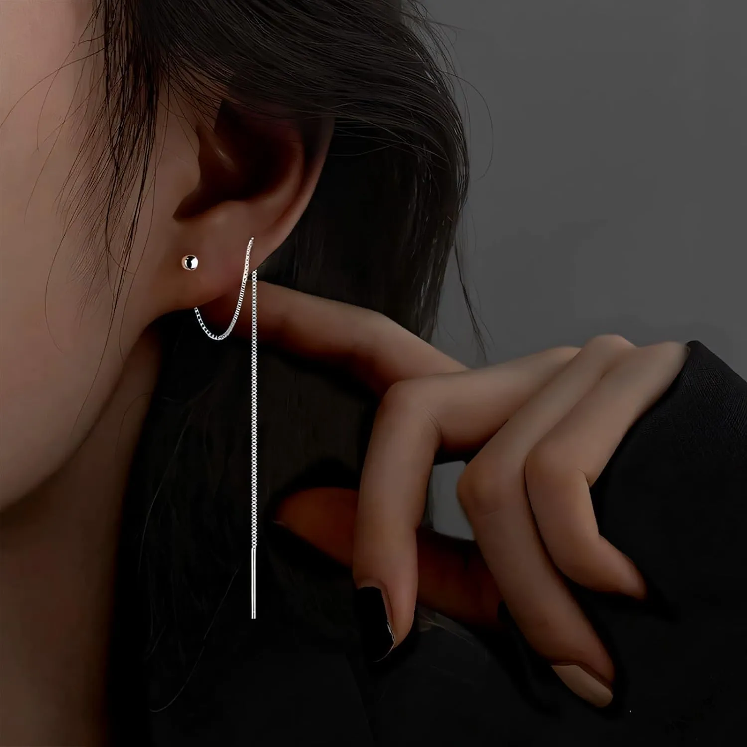 Solid 925 Sterling Silver Threader Earrings For Women Minimalist Silver Drop Dangle Earrings With Chain, Drop Pull Through Earrings Hypoallergenic Silver Jewelry For Women Birthday Gift
