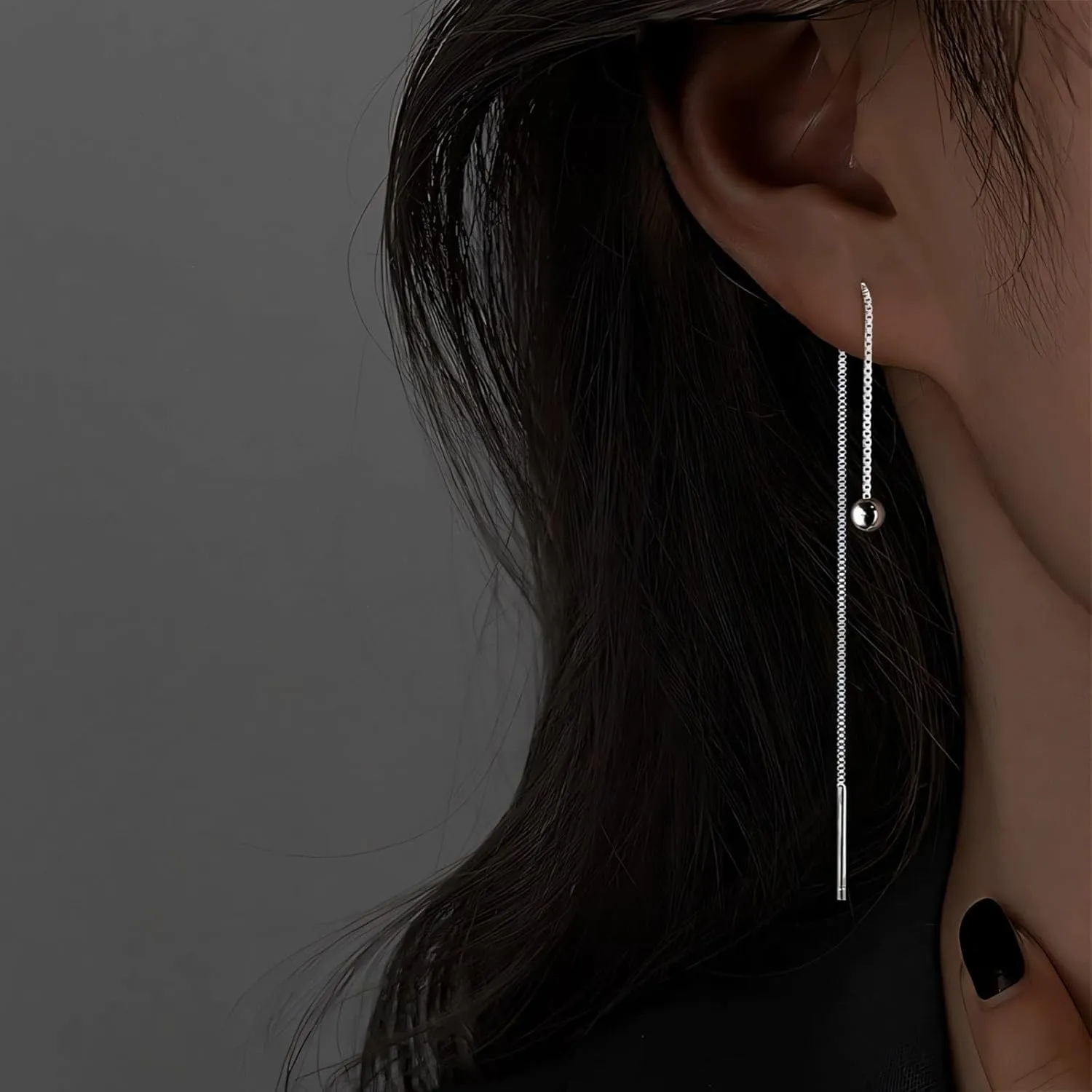 Solid 925 Sterling Silver Threader Earrings For Women Minimalist Silver Drop Dangle Earrings With Chain, Drop Pull Through Earrings Hypoallergenic Silver Jewelry For Women Birthday Gift