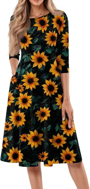 Spring Midi Dresses for Women Casual 3/4 Sleeve Dress Plus Size Cocktail Floral Dresses with Pockets