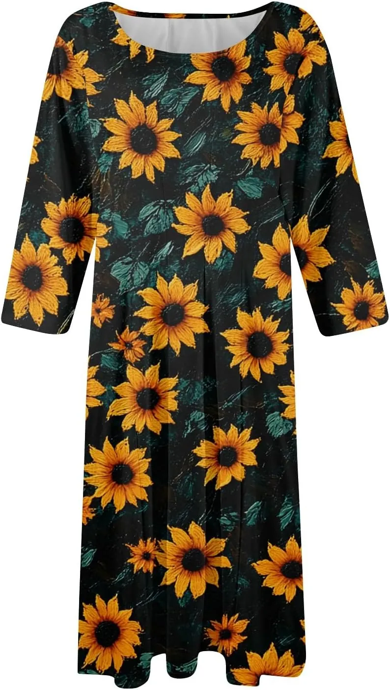 Spring Midi Dresses for Women Casual 3/4 Sleeve Dress Plus Size Cocktail Floral Dresses with Pockets