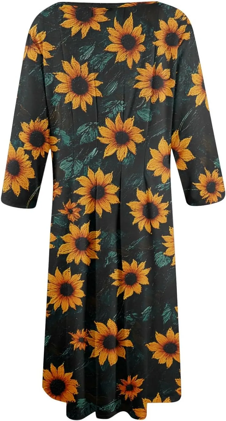 Spring Midi Dresses for Women Casual 3/4 Sleeve Dress Plus Size Cocktail Floral Dresses with Pockets