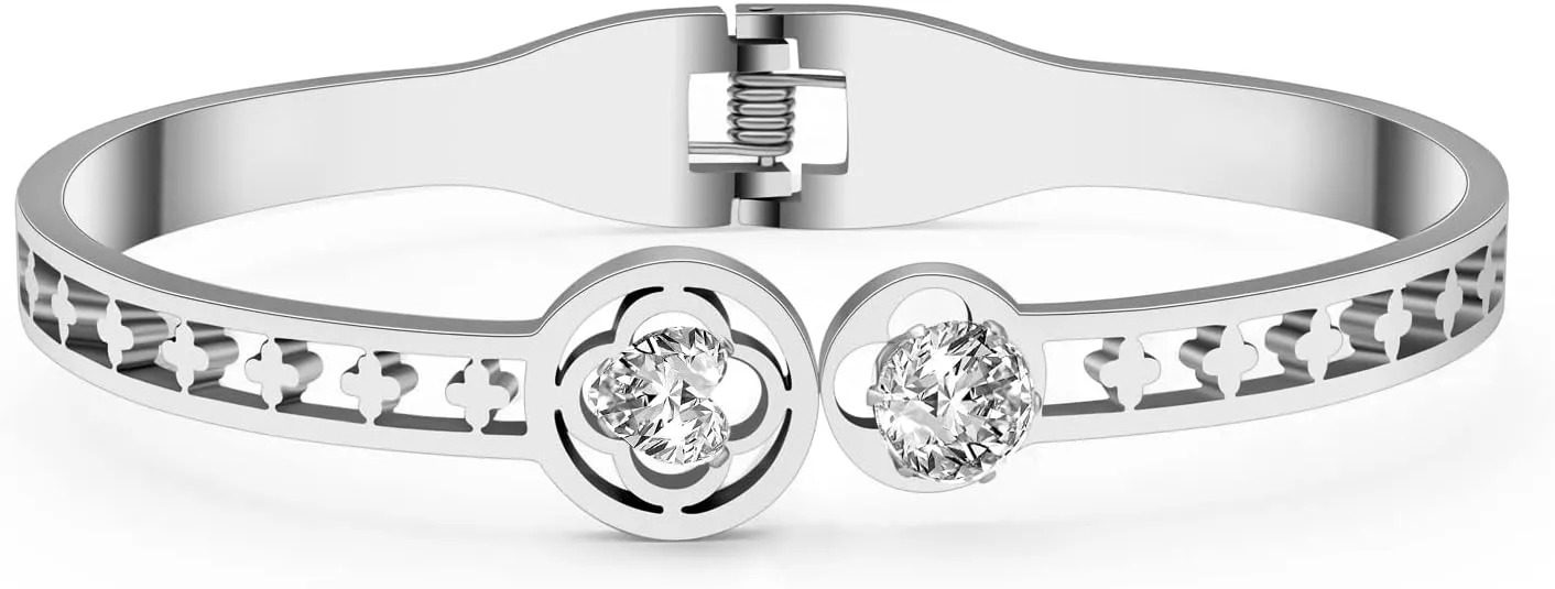 Stainless Steel 18K Gold Silver Plated Crystal Lucky Clover Bracelet Fun Spring Summer Plants Cuff Bangle Birthday Friendship Charms Jewelry Gifts For Women Mom Party Favors