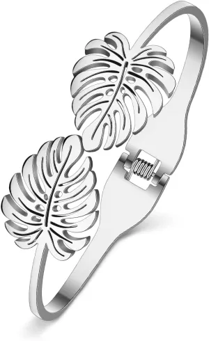 Stainless Steel 18K Gold Silver Plated Crystal Palm Leaf Bracelets Fun Hawaiian Tropical Plants Cuff Bangle Birthday Jewelry For Women Friendship Charms Gifts