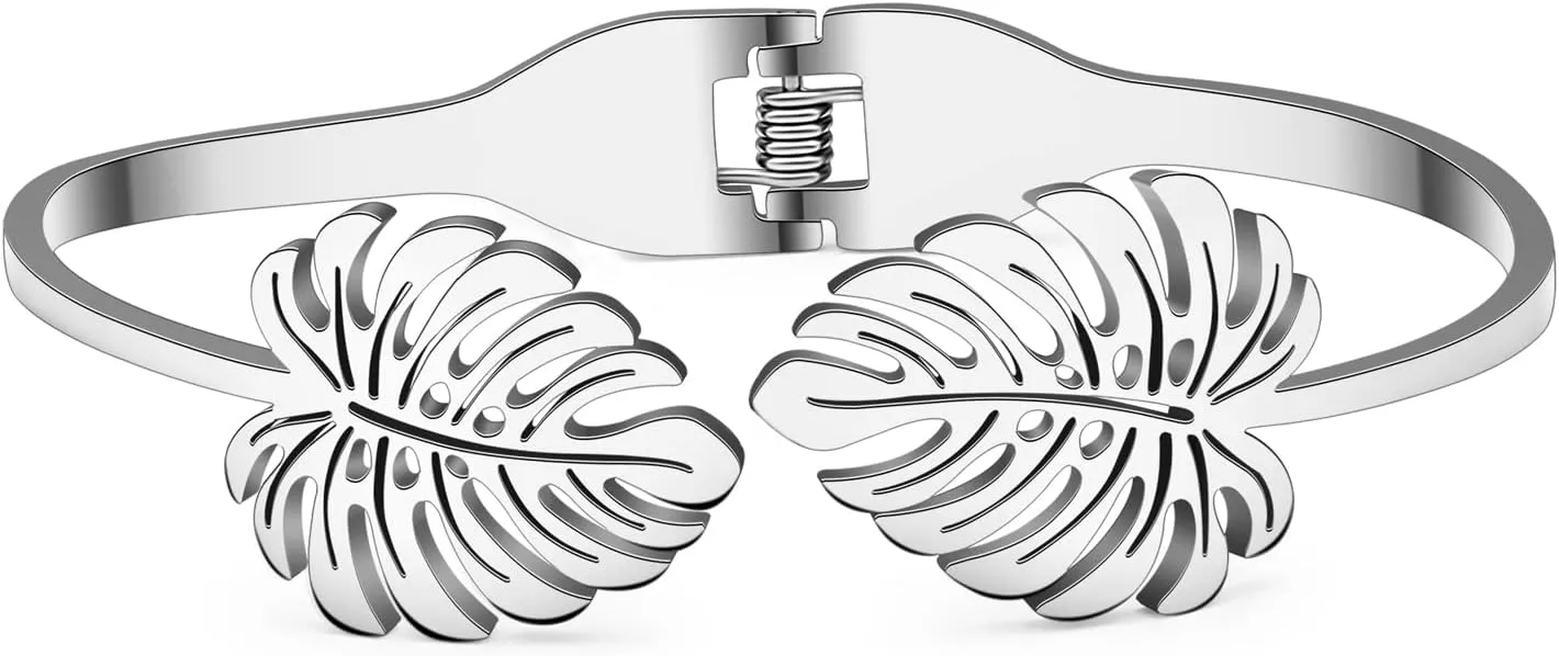 Stainless Steel 18K Gold Silver Plated Crystal Palm Leaf Bracelets Fun Hawaiian Tropical Plants Cuff Bangle Birthday Jewelry For Women Friendship Charms Gifts