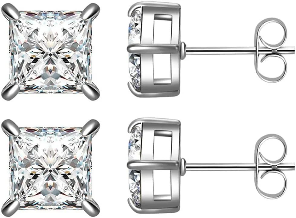 Stainless Steel Princess Cut Style Cubic Zircon Classic Stud Earrings