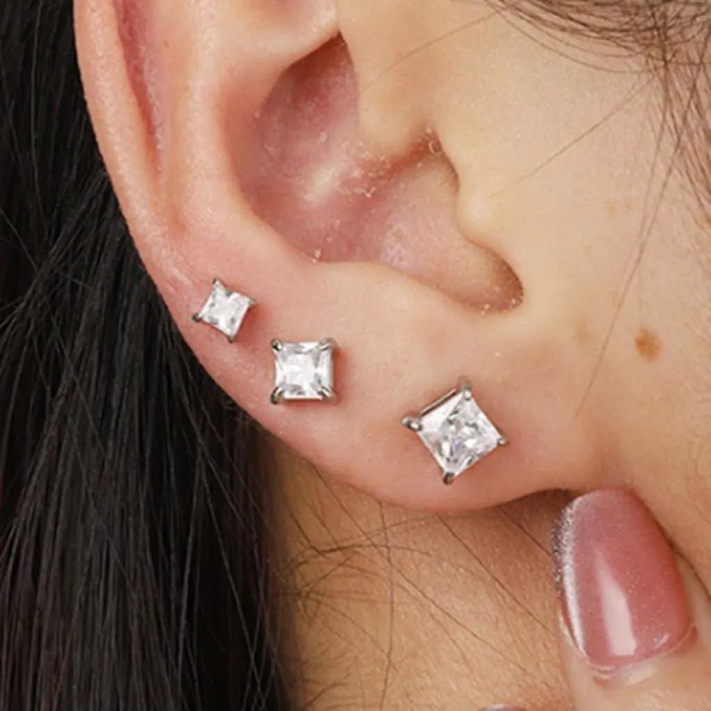 Stainless Steel Princess Cut Style Cubic Zircon Classic Stud Earrings