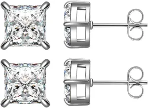 Stainless Steel Princess Cut Style Cubic Zircon Classic Stud Earrings