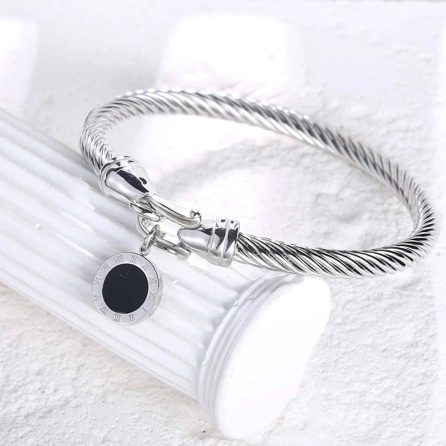 Stainless Steel Twisted Cable Wire Bracelets with Hook Clasp Stylish Roman Digital Bangle Bracelet for Women