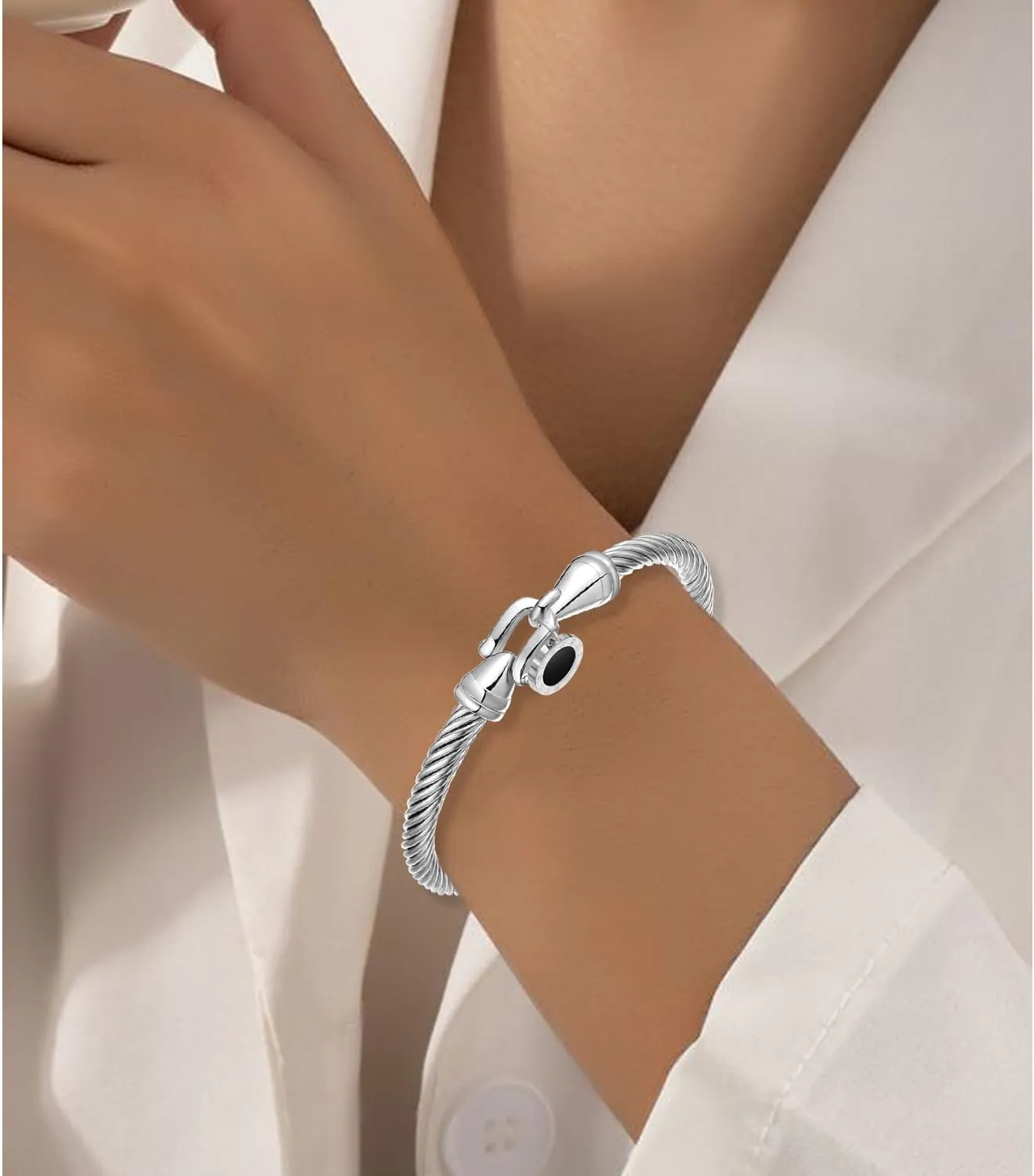 Stainless Steel Twisted Cable Wire Bracelets with Hook Clasp Stylish Roman Digital Bangle Bracelet for Women