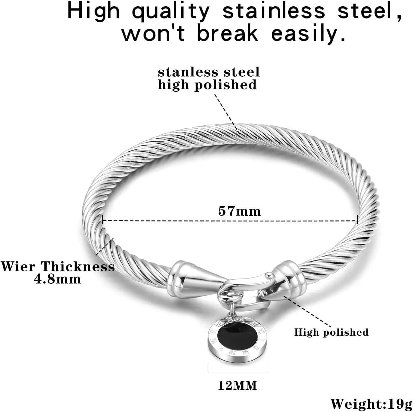 Stainless Steel Twisted Cable Wire Bracelets with Hook Clasp Stylish Roman Digital Bangle Bracelet for Women