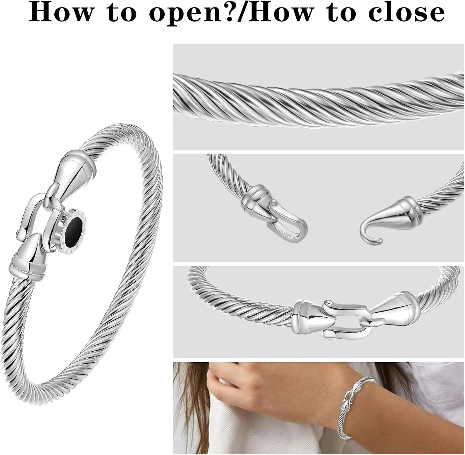 Stainless Steel Twisted Cable Wire Bracelets with Hook Clasp Stylish Roman Digital Bangle Bracelet for Women