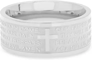 Steeltime Classic Stainless Steel Lords Prayer Ring Band in English or Spanish our father- Padre Nuestro